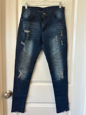 Heritage Women's Moto Biker Skinny Jeans M Distressed Dark Wash Raw Hem